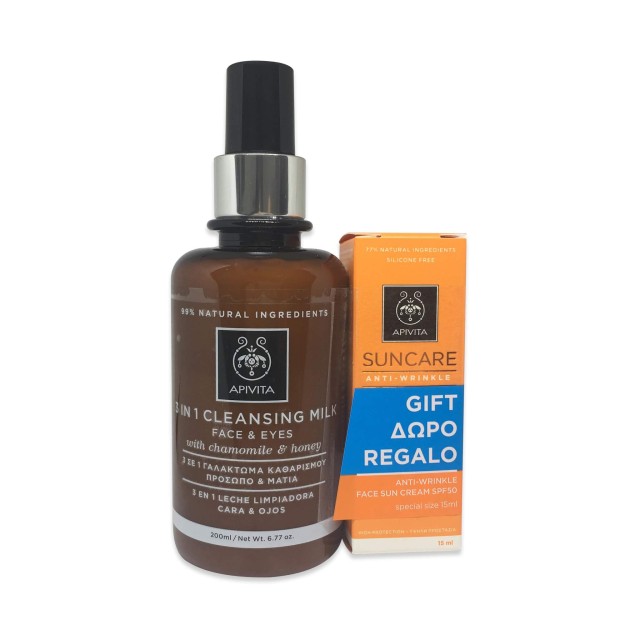 Apivita Set Face Cleansing 3 in 1 Cleansing Milk for Face & Eyes with Chamomile & Honey 200ml + Δώρο Apivita Suncare Anti-Wrinkle Face Sun Cream SPF50 15ml
