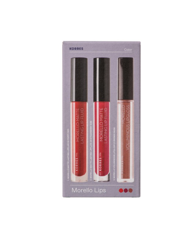 Korres Set Morrello Lips Matte 52 Poppy Red 3.4ml + Matte 29 Strawberry Kiss 3.4ml + Lipgloss 31 Bronze Nude 3.4ml -50%