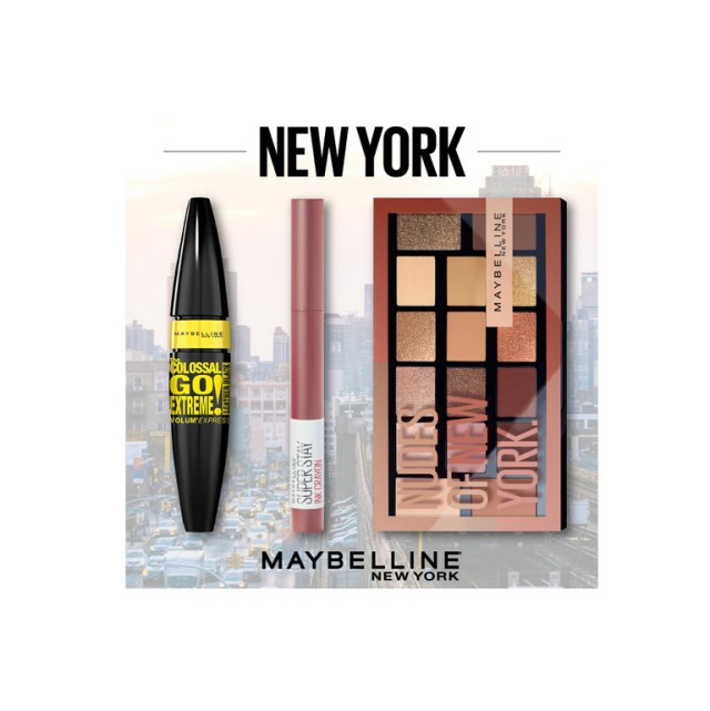 Maybelline Set Maybelline Nudes of New York Eyeshadow Palette 18gr + Maybelline Superstay Ink Crayon 15 Lead the Way + Maybelline The Colossal Go Extreme Volum' Express Mascara  Leather Black 9,5ml