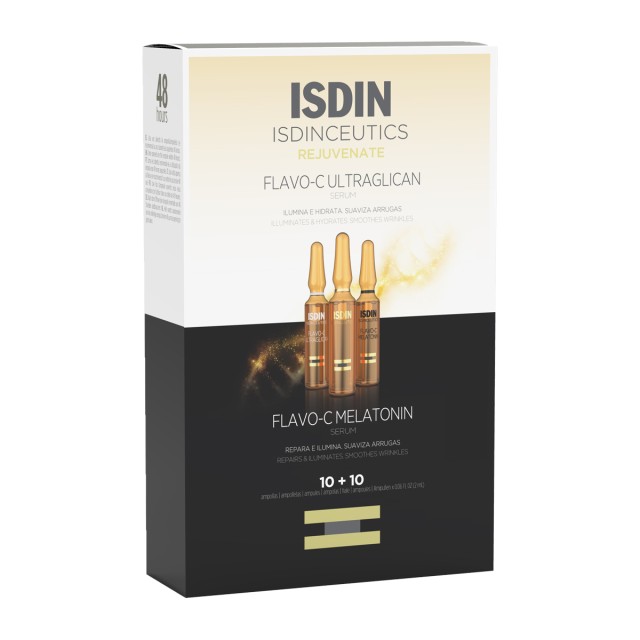 Isdin Isdinceutics Flavo-C Day & Night Set Αμπούλες Προσώπου Προστατεύει την Ημέρα & Επιδιορθώνει τη Νύχτα 10+10τμχ