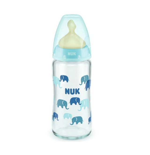 Nuk First Choice+ Γυάλινο Μπιμπερό Με Θηλή Latex M Μπλέ 0-6m 240ml 1τμχ