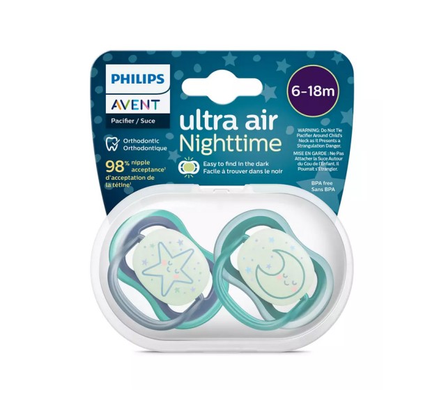 Avent Ultra Air Nighttime 6-18m SCF376/13 Νυχτερινή Ορθοδοντική Πιπίλα Σιλικόνης Μπλέ 2τμχ