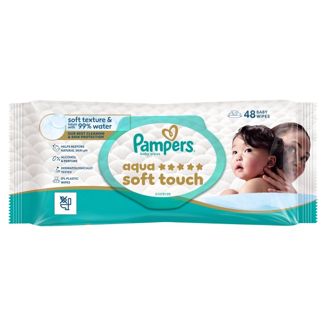 Pampers Aqua Soft Touch Μωρομάντηλα 99% Water 48τμχ