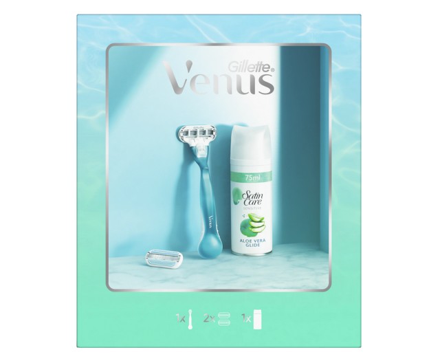 Gillette Venus Set Smooth με Μηχανή Ξυρίσματος 1τμχ + Ανταλλακτικές Κεφαλές 2τμχ + Τζελ Ξυρίσματος Satin Care Sensitive Aloe Vera Glide 75ml