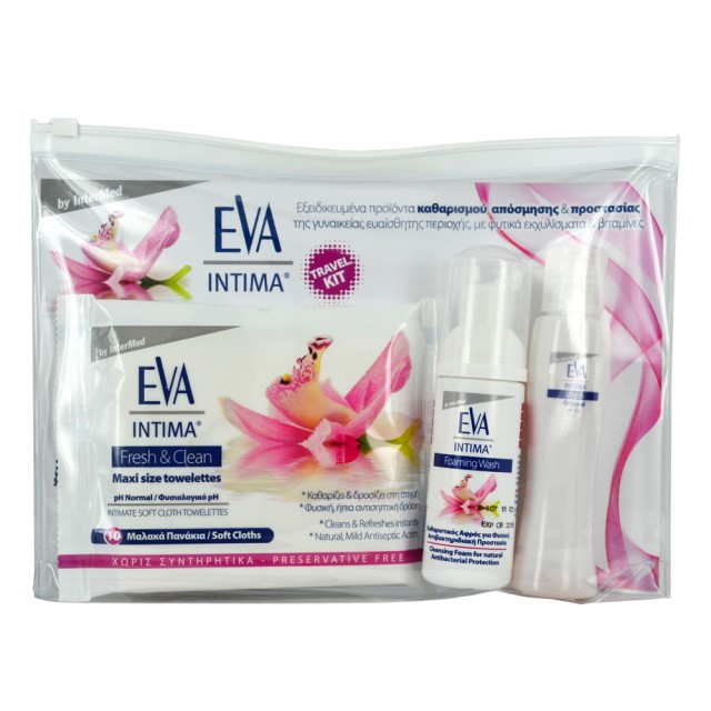 INTERMED EVA INTIMA TRAVEL KIT Maxi Size Towelettes 10 cloths, Foaming Wash 50ml & Intima Wash Original 60ml