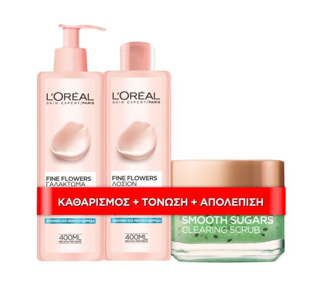 L'Oreal Paris Set Fine Flowers Γαλάκτωμα 400ml + Fine Flowers Τονωτική Λοσιόν 400ml + Smooth Sugar Clearing Scrub 50ml