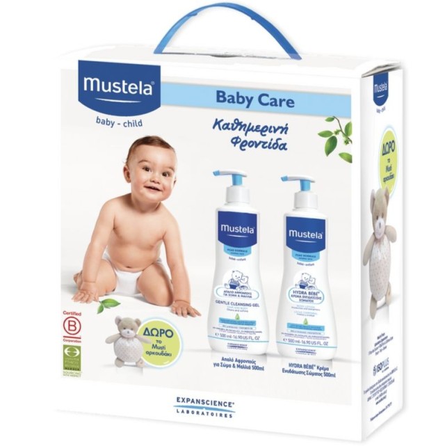 Mustela Baby Care Set με Gentle Cleansing Gel Τζελ Καθαρισμού για Μαλλιά & Σώμα 500ml + Hydra-Bebe Body Lotion Ενυδατικό Γαλάκτωμα Σώματος 500ml + Δώρο το Αρκουδάκι Musti 1τμχ