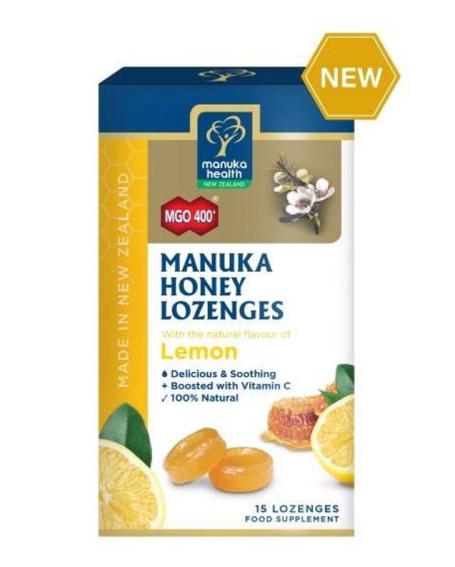 AM HEALTH Manuka Health Φυσικές Καραμέλες με μέλι Manuka MGO400 με φυσικό άρωμα λεμονιού, 65gr