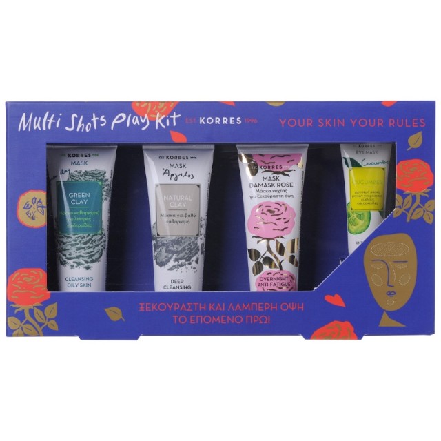 Korres Σετ Multi Shots Play Kit Green Clay Μάσκα Καθαρισμού για λιπαρές επιδερμίδες 18ml + Natural Clay Μάσκα για Βαθύ Καθαρισμό 18ml + Damask Rose Μάσκα Νύχτας για Ξεκούραστη Όψη 18ml + Μάσκα με Αγγούρι για Μαύρους Κύκλους και Σακούλες 8ml