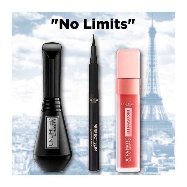L'Oreal Paris No Limits Unlimited Bendable Mascara Black 7.4ml & Perfect Slim Superliner Eyeliner 6ml & Infallible Les Macarons Ultra Matte Liquid Lipstic 820 7.6ml