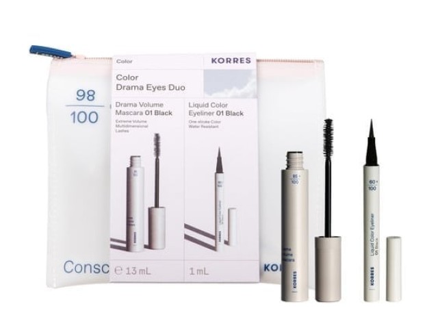 Korres Set Color Drama Eyes Duo με Drama Volume Mascara Μάσκαρα για Έντονο Μήκος & Όγκο - 01 Black 13ml & Liquid Color Eyeliner Μαύρο - 01 Black 1ml & Δώρο Νεσεσέρ