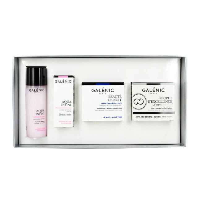 Galenic Coffret 4 Collections Noel με Secret d' Excellence Αντιγηραντική Κρέμα Προσώπου 15ml, Beaute de Nuit Χρονοενεργό Τζελ Νύχτας, 15ml, Aqua Infini Λοσιόν Ενυδάτωσης 40ml & Aqua Infini Ορός Ενυδάτωσης 5ml