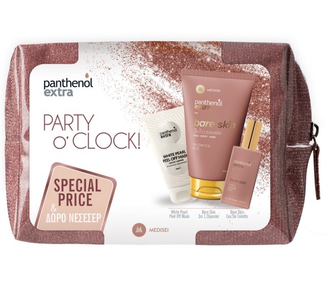 Panthenol Extra Set Party O'Clock Pink Bare Skin 3in1 Cleanser Καθαριστικό 200ml + Bare Skin Eau De Toilette Γυναικείο Άρωμα 50ml + White Pearl Peel Off Mask Μάσκα Λάμψης, 75ml 1 Δώρο Ροζ Νεσεσέρ 1τμχ