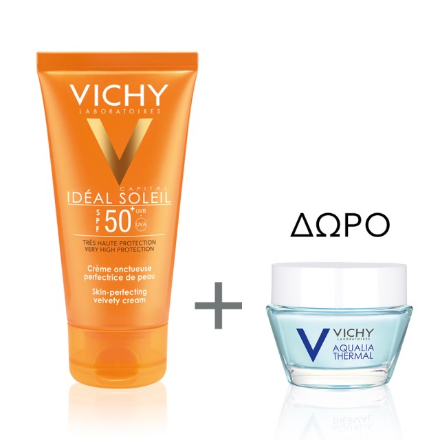 Vichy Ideal Soleil SPF50+ Αντιηλιακή Κρέμα για Βελούδινη Επιδερμίδα 50ml & ΔΩΡΟ Vichy Aqualia Thermal Night Spa Ενυδατική Κρέμα Νύχτας 15ml