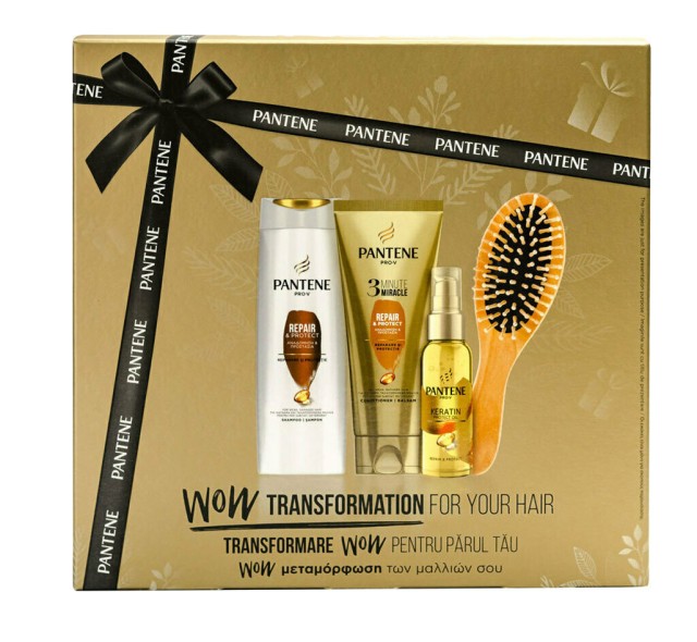 Pantene Set Wow Transformation Pantene Pro-V Repair & Protect Shampoo 250ml + Pantene Pro-V 3 Minute Miracle Repair & Protect Contitioner 200ml + Pantene Pro-V Repair & Protect Keratin Protect Oil 100ml + Δώρο Βούρτσα Μαλλιών 1τμχ
