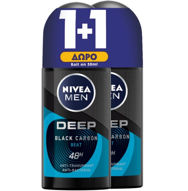 Nivea Men Deep Black Carbon Beat 48h Deo Roll-on 50ml 1+1 Δώρο