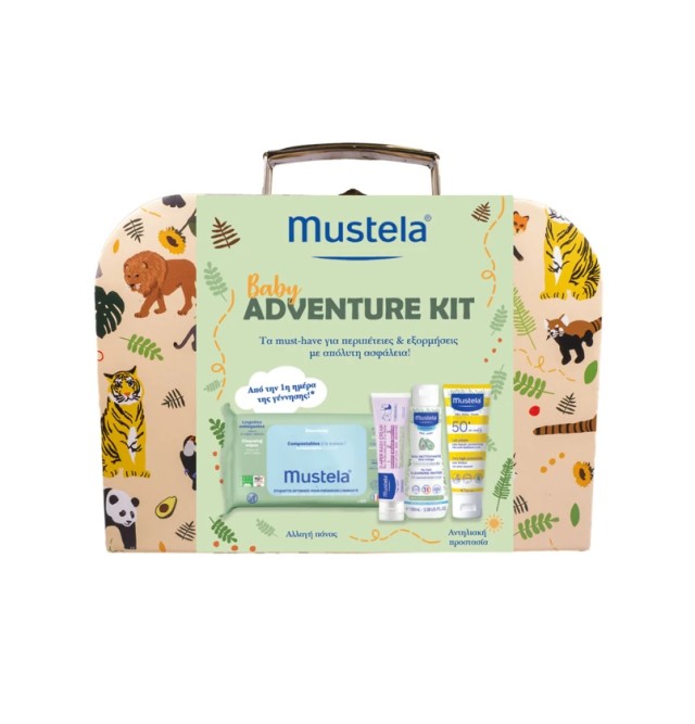 Mustela Baby Adventure Kit- Μωρομάντηλα με Βιολογικό Αβοκάντο 60τεμ, Νερό Καθαρισμού χωρίς Ξέβγαλμα 100ml, 123 Κρέμα Αλλαγής Πάνας 50ml & Βρεφικό Αντηλιακό Γαλάκτωμα Σώματος & Προσώπου SPF50+, 40ml, 1σετ