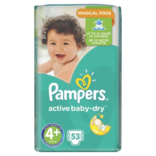 PAMPERS Active Baby-Dry No.4+ MAXI PLUS (9-16 kg) 53 Πάνες