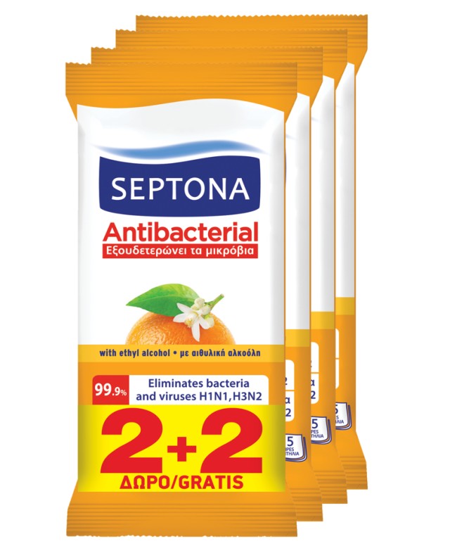 Septona Αντιβακτηριδιακά Μαντηλάκια Χεριών με Άρωμα Πορτοκάλι 2 & 2 Δώρο 60τμχ