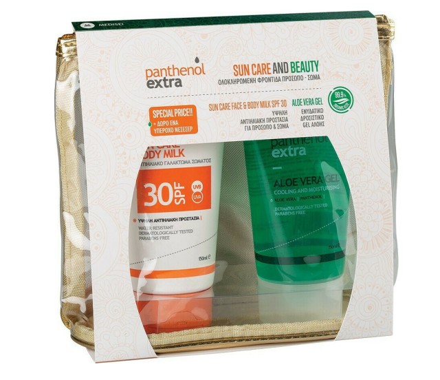 Panthenol Extra Set Pack Sun Care and Beauty Face & Body Milk SPF30 Αντηλιακό Γαλάκτωμα Προσώπου & Σώματος 150ml + Panthenol Extra Aloe Vera Gel Ενυδατικό Τζελ Σώματος 150ml + Δώρο Νεσεσέρ