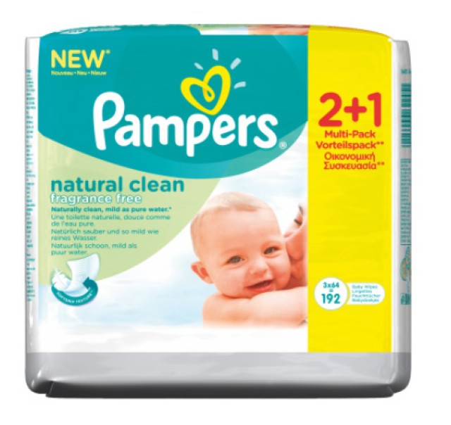 PAMPERS Natural Clean Μωρομάντηλα 2+1 Δώρο 192τμχ