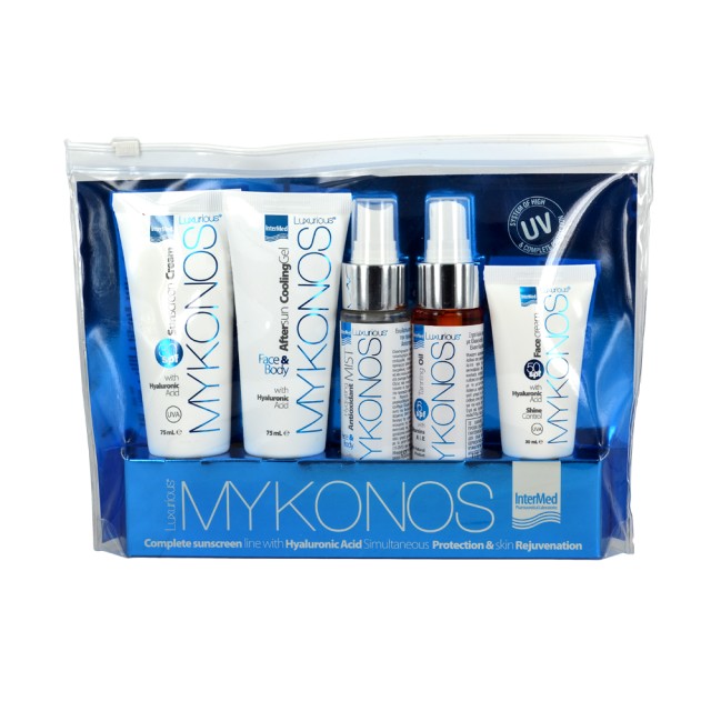 InterMed Luxurious Mykonos Kit, Face Cream SPF50 30ml + Tanning Oil SPF6 50ml + Hydrating Antioxidant Mist Face & Body 50ml + After Sun Cooling Gel 75ml + Sunscreen Cream SPF30 75ml