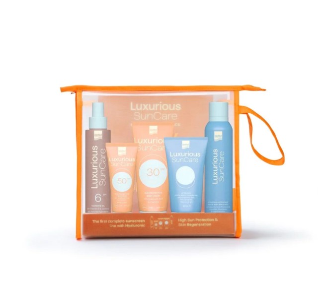 Intermed Set Luxurious SunCare Face & Body High Protection Pack Sun Protection SPF30 Body Cream 200ml + High Protection SPF50 Face Cream 75ml + Tanning Oil SPF6 200ml + Hydrating Antioxidant Face & Body Spray Mist 200ml + After Sun Face & Body Cooling Gel