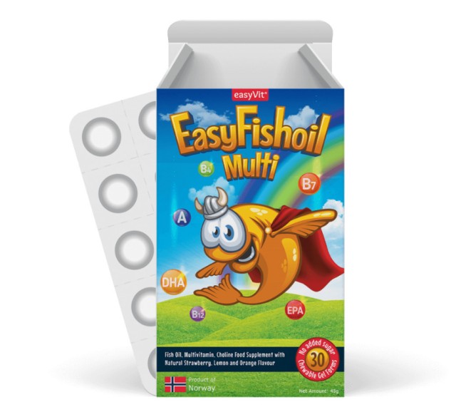 EasyVit EasyFishoil Multi Παιδικό Συμπλήρωμα Διατροφής με Ω3 Βιταμίνες και Χολίνη με Γεύση Φράουλα, Λεμόνι και Πορτοκάλι 30 ζελεδάκια