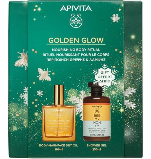 Apivita Set Golden Glow με My Beeloved Dry Oil Ξηρό Λάδι Θρέψης & Επανόρθωσης, 100ml +Bee My Honey Shower Gel Αφρόλουτρο με Μέλι & Αλόη, 250ml