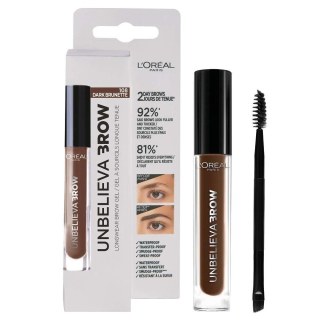 L'Oreal Paris Unbelieva Longwear Brow Gel 108 Dark Brunette 3.4ml