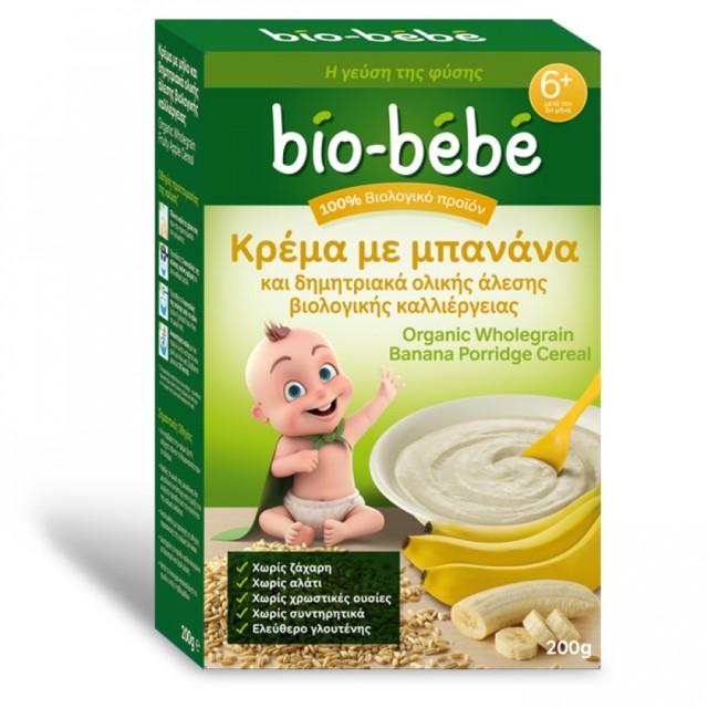 Bio-Bebe Κρέμα με μπανάνα & δημητριακά ολικής άλεσης βιολογικής καλλιέργειας 6+ Μηνών 200gr