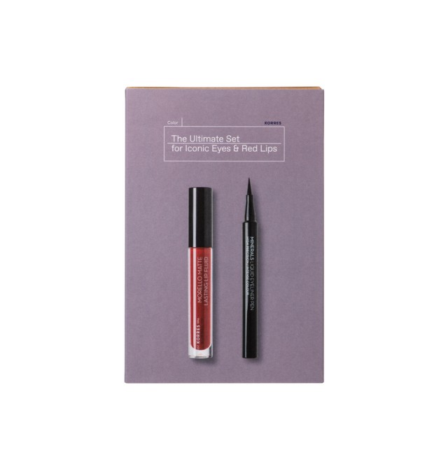 Korres Set Minerals Liquid Eyeliner pen 01 Black 1ml & Morello Lip Fluid 59 Brick Red 3.4ml