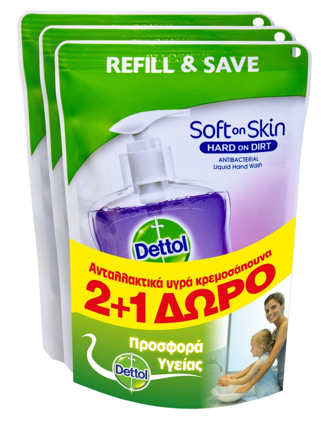 Dettol Soft on Skin Hard on Dirt Liquid Ανταλλακτικό Υγρό Κρεμοσάπουνο Χαλαρωτικό 2+1 Δώρο 3Χ200ml