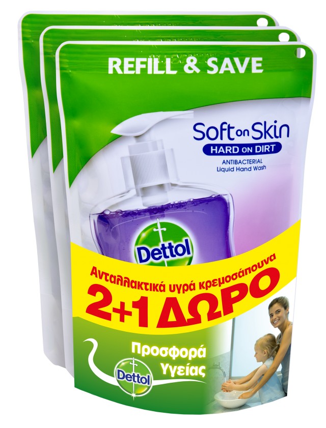 Dettol Soft on Skin Hard on Dirt Liquid Ανταλλακτικό Υγρό Κρεμοσάπουνο Χαλαρωτικό 2+1 Δώρο 3Χ200ml