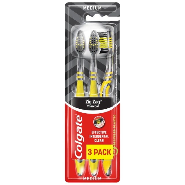 Colgate Set Zig Zag Charcoal Medium  Οδοντόβουρτσες με Άνθρακα 3τμχ