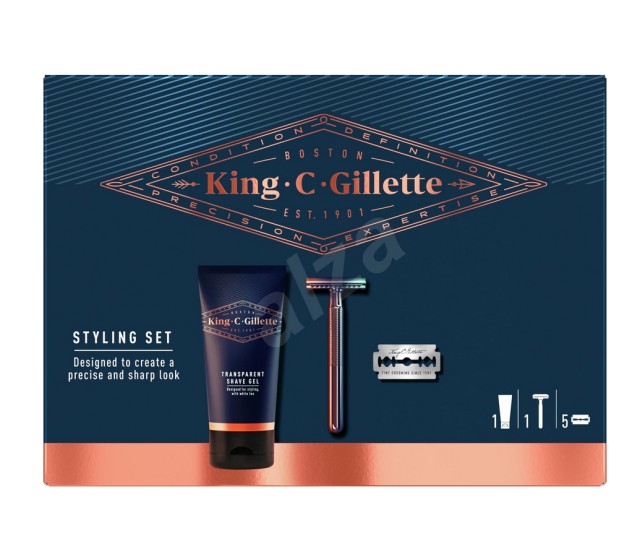 Gillette Styling Set King C Transparent Shave Gel Τζελ Ξυρίσματος 150ml + Gillette King C Ξυριστική Μηχανή Ασφαλείας 1τμχ + Gillette King C Ανταλ/κά Ξυράφια Διπλής Ακμής 5τμχ