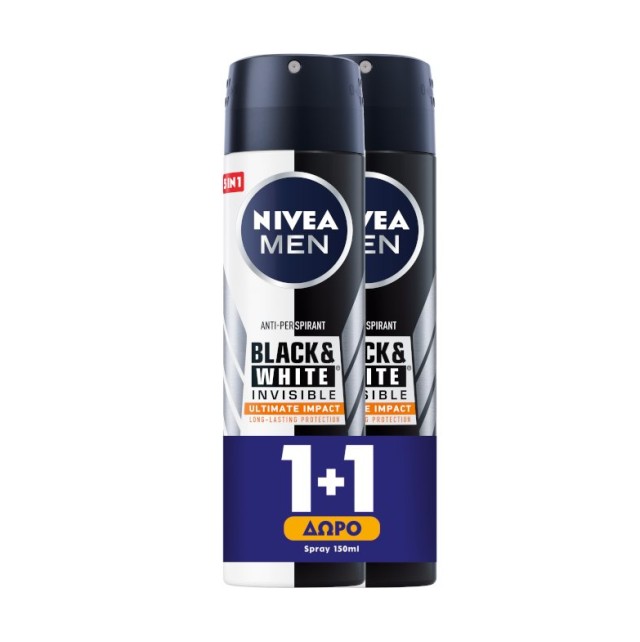 Nivea Men Black & White Invisible Ultimate Impact Ανδρικό Αποσμητικό Spray 48h Προστασίας 150ml 1+1 ΔΩΡΟ