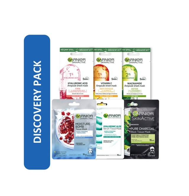 Garnier Set Discovery Pack 6 Tissue Masks Υφασμάτινες Μάσκες για Εντατική Περιποίηση Προσώπου με Moisture Bomb 1τμχ & Pure Charcoal 1τμχ & Hyaluronic Aloe 1τμχ & Μάσκα Λάμψης με 1% Βιταμίνη C 1τμχ & Μάσκα Σύσφιξης με 1% Υαλουρονικό Οξύ 1τμχ