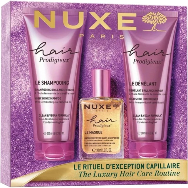 Nuxe Set Hair Prodigieux με High Shine Shampoo Σαμπουάν Λάμψης με Εκχύλισμα Ελαίου Ροζ Καμέλιας 200ml +Conditioner για Λάμψη & Ενυδάτωση 200ml + Pre-Shampoo Nourishing Mask Μάσκα Θρέψης 30ml