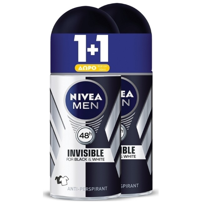 Nivea Men Deo Roll-on Invisible for Black & White Original 50ml 1+1 Δώρο