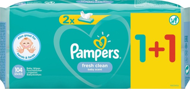 Pampers Fresh Clean Μωρομάντηλα 52τμχ 1+1 Δώρο