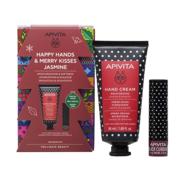 Apivita Set Happy Hands & Merry Kisses Jasmine Κρέμα Χεριών Ενυδάτωσης Γιασεμί & Πρόπολη 50ml & Lip Care Black Currant 4.4gr