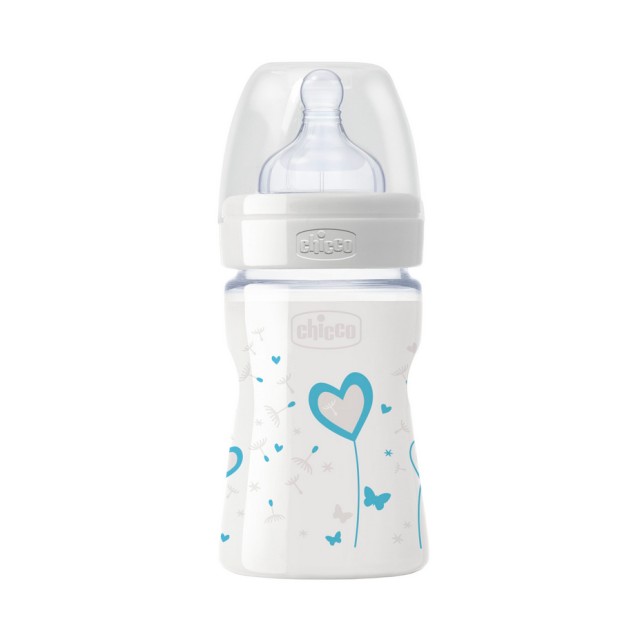 Chicco Well Being Γυάλινο Μπιμπερό ΘΣ Αργή Ροή 0+ Μπλέ 150ml