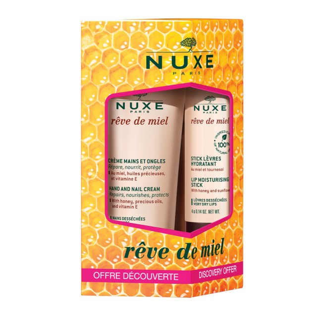 NUXE Set Reve De Miel Creme Mains et Ongles 30ml +Stick Levres Hydratant 4gr