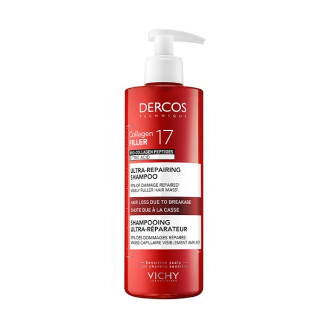 Vichy Dercos Collagen Filler 17 Ultra-Repairing Shampoo Επανορθωτικό Σαμπουάν Μαλλιών κατά του Σπασίματος 400ml
