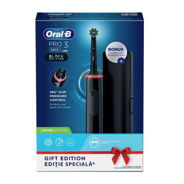 Oral B Pro 3 3500 Cross Action Black Edition Ηλεκτρική Οδοντόβουρτσα με Αισθητήρα Πίεσης + Θήκη Ταξιδιού 1τμχ