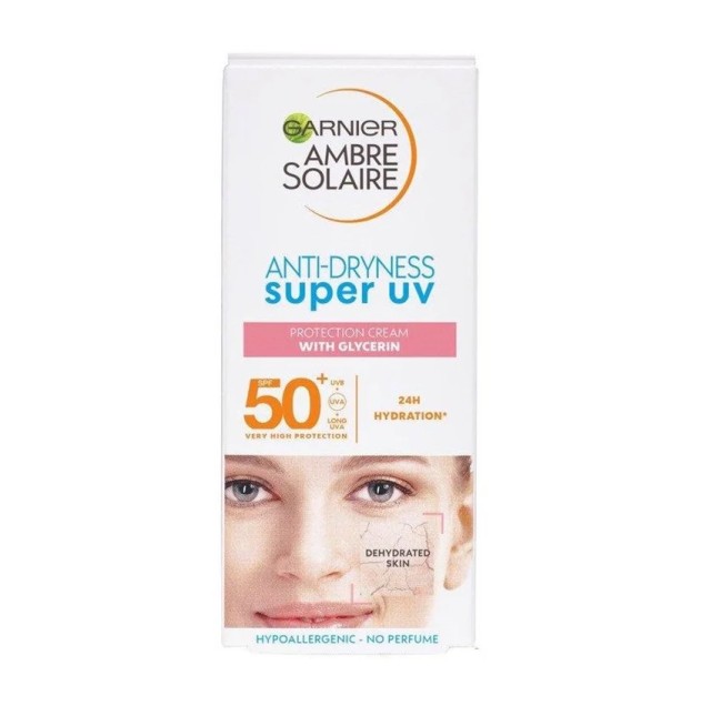 Garnier Ambre Solaire Anti-Dryness Super UV SPF50+ Αντηλιακή Κρέμα Προσώπου για Ξηρές Επιδερμίδες 50ml