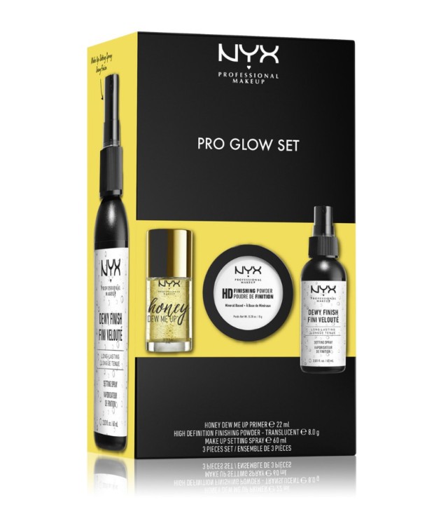 NYX PM Set Pro Glow Honey Dew Me Up Primer 22ml & High Definition Finishing Powder 8.0g & Make Up Setting Spray 60ml