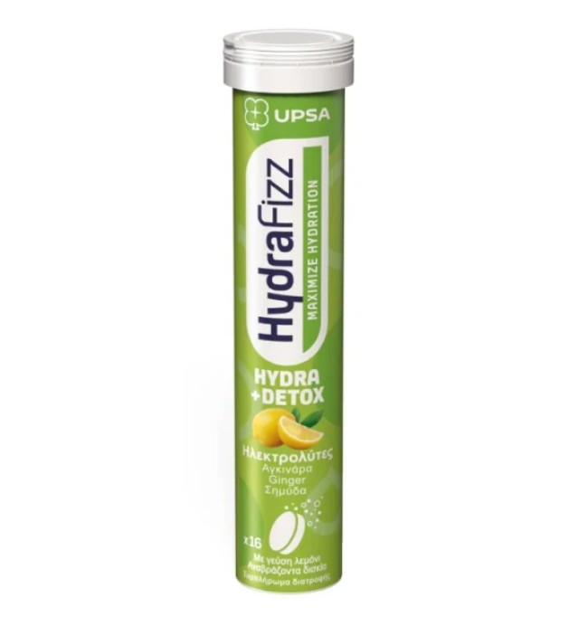 Upsa HydraFizz Hydra + Detox Ηλεκτρολύτες με Γεύση Λεμόνι 16 Αναβράζοντα Δισκία