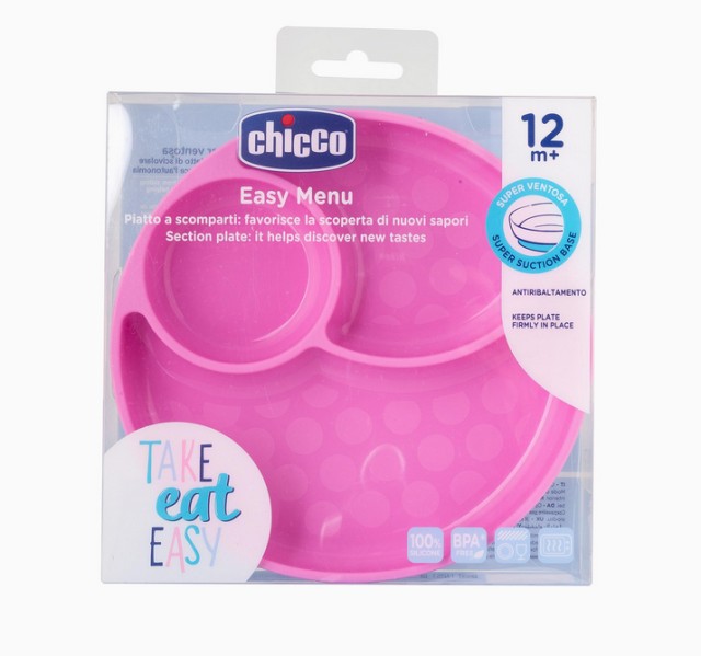 Chicco Take Eat Easy Πιάτο Σιλικόνης με Χωρίσματα και Βεντούζα 12m+ Ροζ 1τμχ